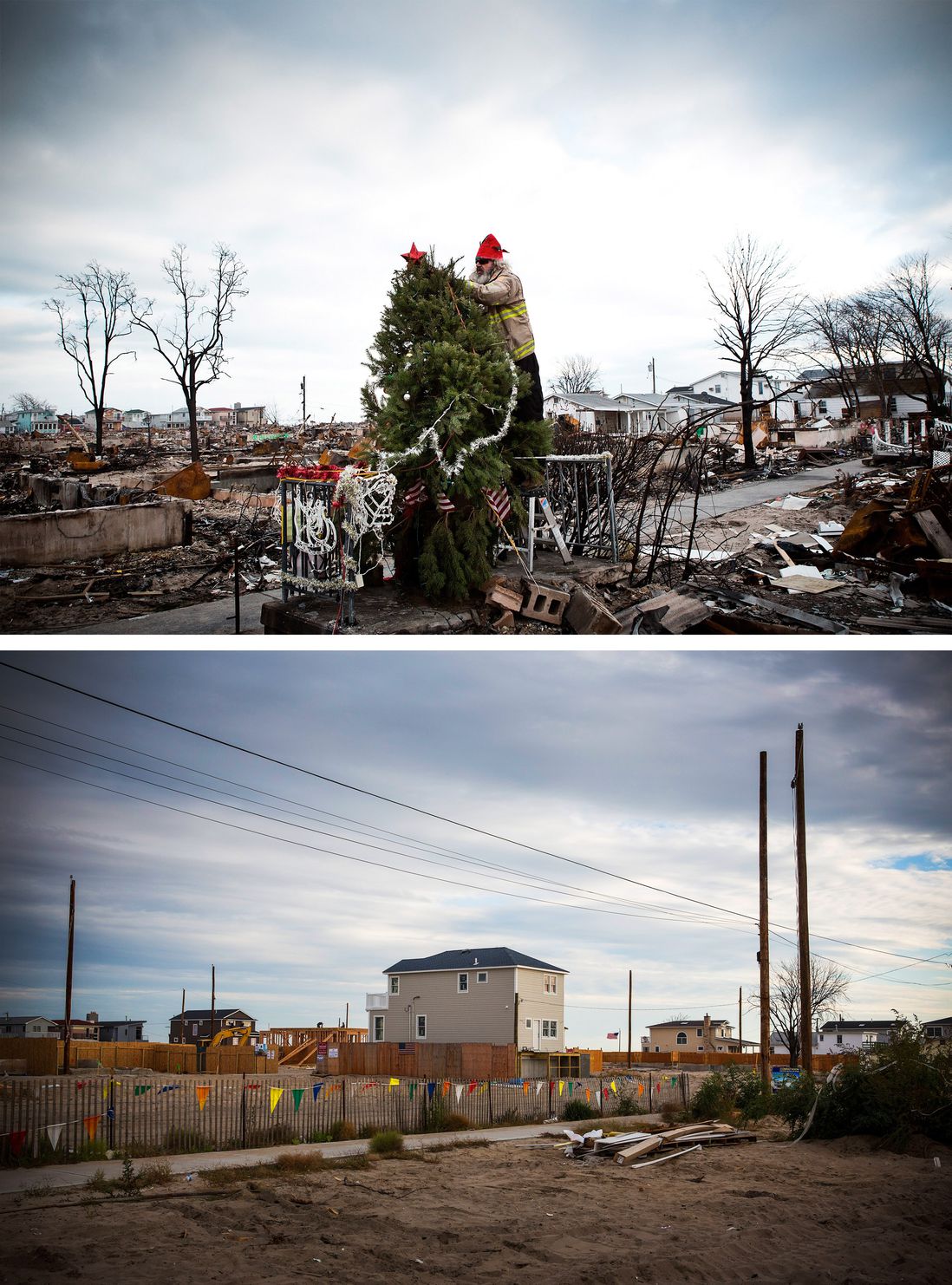 Edward 'Roaddawg' Manley, a volunteer and honory firefighter with the Point Breeze Volunteer Fire Department, places a star on top of a Christmas tree December 25, 2012 in the Breezy Point neighborhood of Queens
